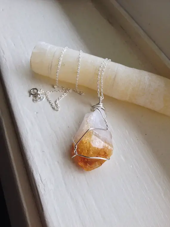Citrine, Raw - Sustainable Silver Wirewrapped Necklace & 18 Inch Cable Chain - Ecofriendly, Woman's, Stress Relieving, Life Changes