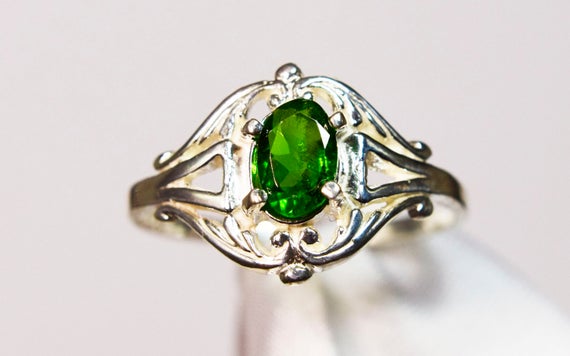Chrome Diopside Ring, Genuine Gemstone 6x4mm Oval .50ct, Set In 925 Sterling Silver Solitaire Scrolled Ring
