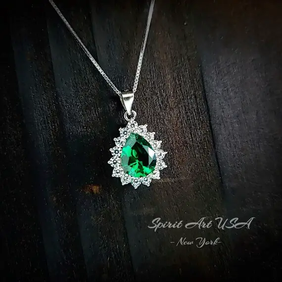 Teardrop Emerald Necklace Sterling Silver Gemstone Pear Halo White Gold Plated 2.5 Ct Green Emerald Pendant Jewelry #138