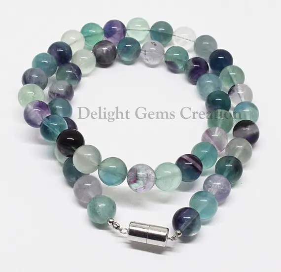Fluorite Beaded Necklace, 10mm Fluorite Smooth Round Beads Necklace, Natural Green- Blue Fluorite Beaded Necklace With Silver Magnetic Clasp