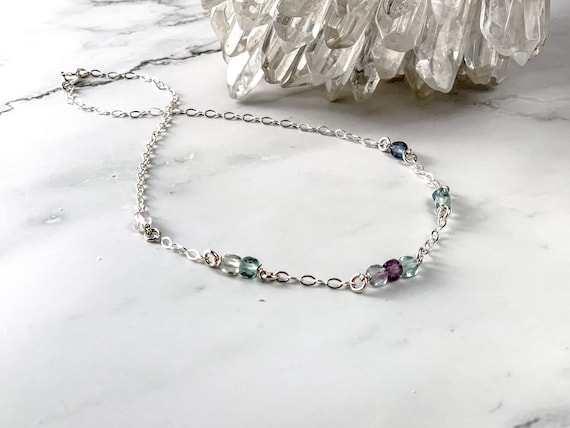 Raw Fluorite Crystal Necklace, Fluorite Satellite Station Necklace In Silver, Crystal Beaded Choker, Natural Genuine Real Unpolished Rough