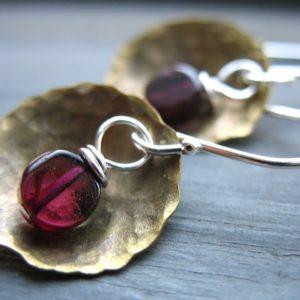 Garnet Earrings, Garnet Stone Hammered Brass Dome Earrings, Handmade stone earrings, Metalwork earrings |  #affiliate