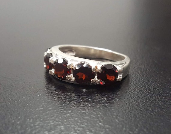 Garnet Ring, Natural Garnet, January Ring, Half Eternity Band, Red Vintage Ring, Red Diamond Ring, January Birthstone, Solid Silver Ring