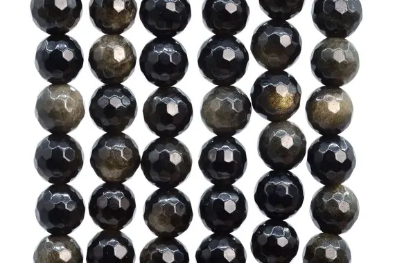 Genuine Natural Golden Obsidian Gemstone Beads 7-8mm Black Micro Faceted Round Aaa Quality Loose Beads (107268)