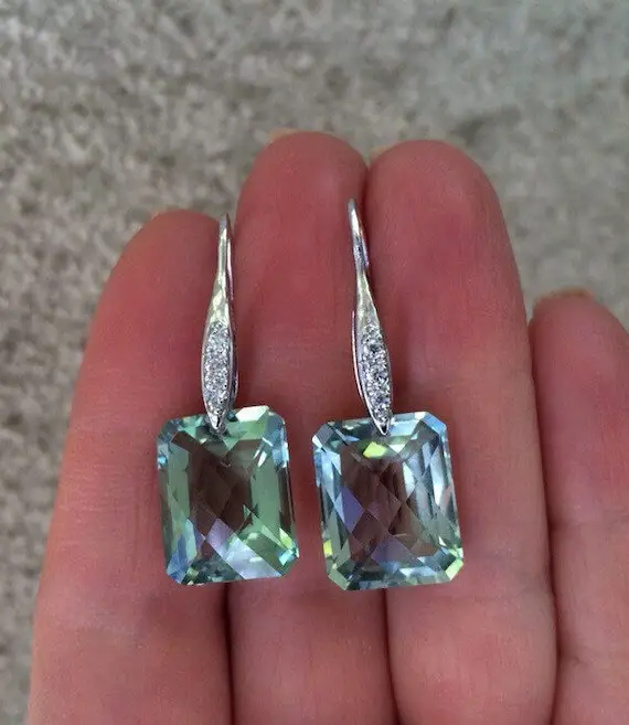 Green Amethyst Earrings.  Genuine Stone. Sterling Silver Luxury Jewelry. Gift Statement