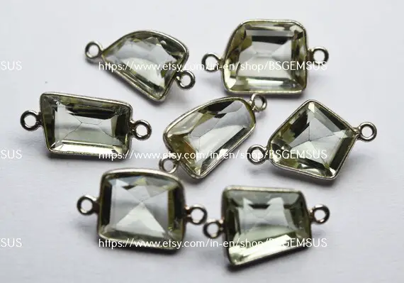925 Sterling Silver, Natural Green Amethyst Faceted Fancy Shape Connector,5 Piece Of  18-20mm App.
