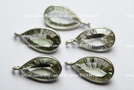 925 Sterling Silver, Natural Green Amethyst Faceted Pear Shape Connector, 5 Piece Of  16mm App.