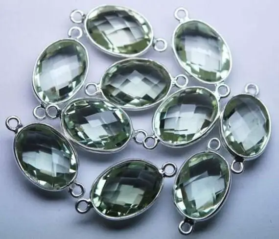 925 Sterling Silver, Natural Green Amethyst Faceted Oval Shape Connector,5 Piece Of  19mm App.