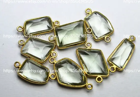 925 Sterling Vermeil Silver, Natural Green Amethyst Faceted Fancy Shape Connector,5 Piece Of  18-20mm App.