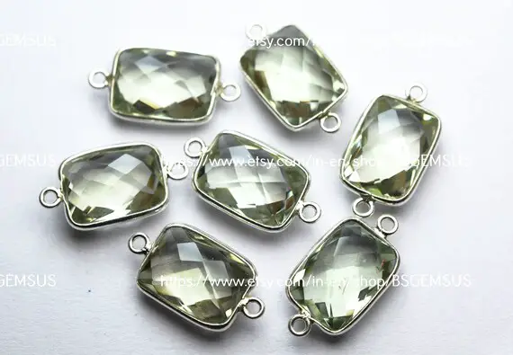 925 Sterling Silver, Natural Green Amethyst Faceted Rectangle Shape Connector,2 Piece Of  21mm App.