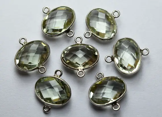 925 Sterling Silver,natural Green Amethyst Faceted Oval Shape Connector,5 Piece Of  17mm App.