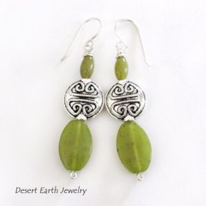 Shop Serpentine Earrings! Green Serpentine Earrings with Pewter Beads, Sterling Silver Ear Wires, Natural Stone Dangle Earrings, Artisan Handmade Beaded Jewelry | Natural genuine Serpentine earrings. Buy crystal jewelry, handmade handcrafted artisan jewelry for women.  Unique handmade gift ideas. #jewelry #beadedearrings #beadedjewelry #gift #shopping #handmadejewelry #fashion #style #product #earrings #affiliate #ad