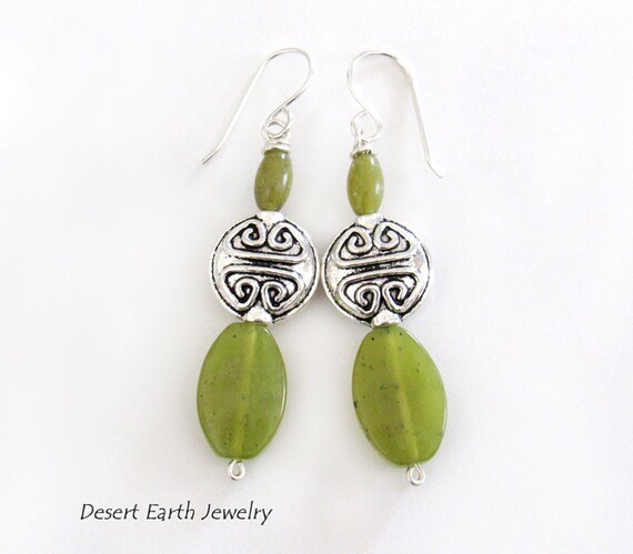 Green Serpentine Gemstone Earrings With Pewter Beads, Sterling Silver, Artisan Handmade Natural Stone Jewelry,  Earthy Spring Green Jewelry