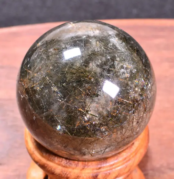 Natural Dark Green Tourmaline And Black And Yellow Tourmaline Crystal Sphere.phantom Crystal Balls,rutilated Quarzt Sphere,strong Energy36mm