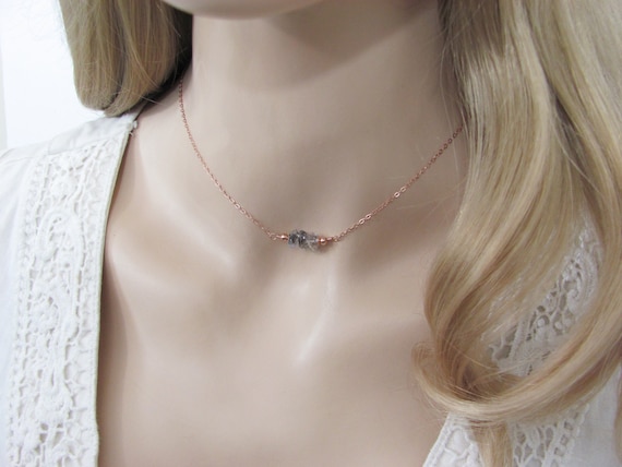 Salt And Pepper Herkimer Diamond Choker, Raw Crystal Necklace, Gifts For Her
