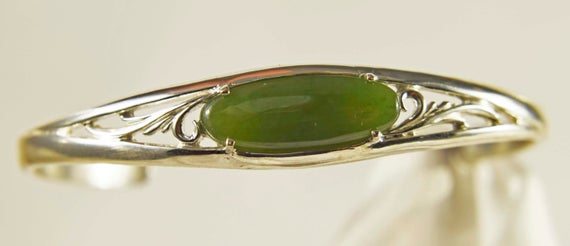 Jade Bracelet, 22x8mm Elongated Genuine Nephrite Jade Oval,  Set In Adjustable 925 Sterling Silver Cuff Bracelet