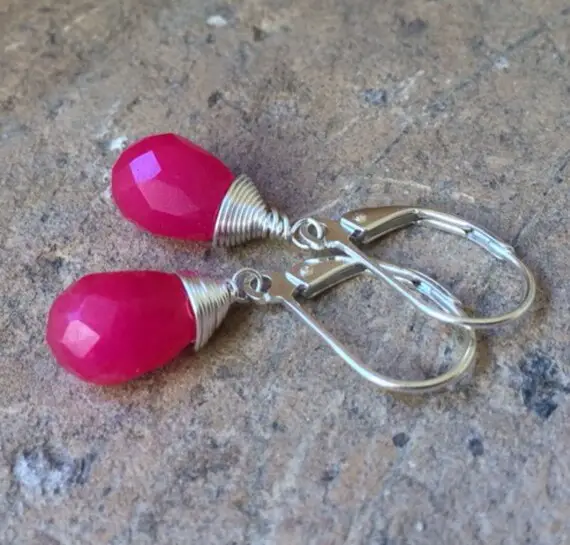 Hot Pink Jade Sterling Silver Drops.  Magenta Stone Earrings.  Jade Dangles.  Vibrant Pink Gemstone Earrings.  Bridesmaids Gifts.  Bridal