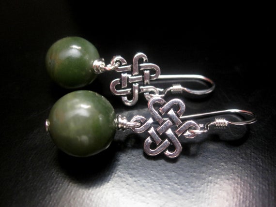 Jade Silver Earrings, Genuine Jade, Natural Jade, Silver Eternity, Sterling Silver Wire, Jade Earrings, St. Patrick's Day, Celtic Earrings