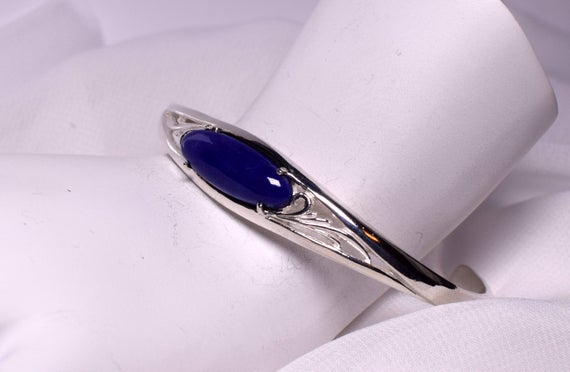 Lapis Lazuli Cuff Bracelet, Genuine Gemstone 22x8mm Elongated Cabochon Gemstone Set In Adjustable 925 Sterling Silver Bracelet