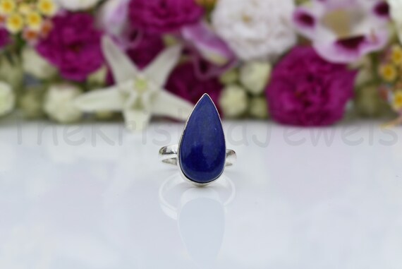 Lapis Lazuli Gemstone Ring, Sterling Silver Ring, Pear Shape Ring, Statement Ring, Bezel Set Ring, Cabochon Gemstone Ring, Dainty Ring, Boho