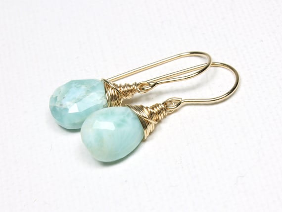 Genuine Larimar Earrings Gold Filled Or Sterling Silver Wire Wrapped Natural Blue Gemstone Dainty Dangle Drops March April Birthstone 6107