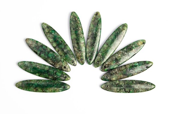 2 Pcs - 42x10x4mm Moss Green Lepidolite Pendant Marquise Flat Back Drilled Cabochon (116828)