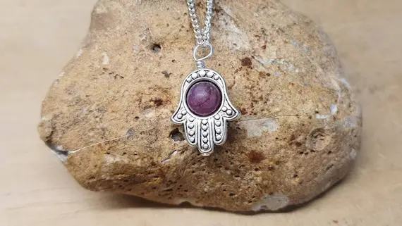 Hamsa Lepidolite Pendant. Purple Reiki Jewelry Uk. Libra Jewelry. Silver Plated Hamsa Necklace. 8mm Stone
