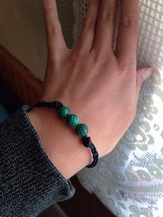 Stone Bracelet - Malachite Beads Nestled Between Hand-braided Black Hemp - Ecofriendly, Mens, Womans, Unisex Bracelet