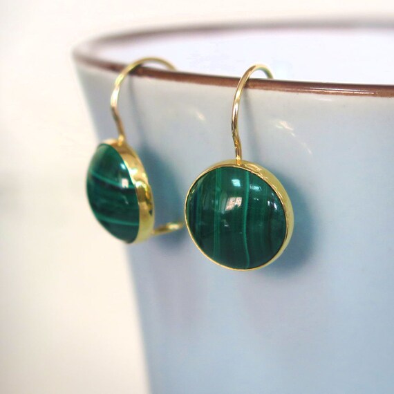Malachite Earrings - Solid Gold Earrings - Green Malachite Jewelry - Malachite Drop Earrings - Gold Drop Earrings - Spring Sale