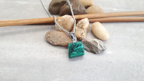Malachite Rectangle Pendant Necklace - Green Stone Healing Crystal - Malachite Jewelry - Malachite Square Pendant, Sterling Silver Necklaces