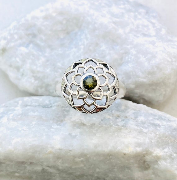 Celtic Lotus Flower Very Rare Genuine Natural Faceted Moldavite Ring, Genuine Moldavite Ring, 925 Sterling Silver Ring, Natural Crystal Ring