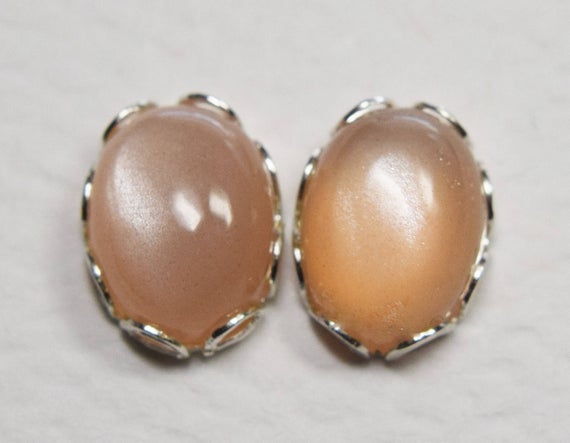 Peach Moonstone Stud Earrings, 925 Sterling Silver, 8 By 6mm Oval Cabochons, Genuine Moonstone Gems
