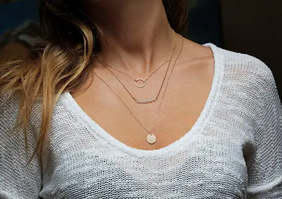 Layered Necklace Set, Dainty Moonstone Necklace, Personalized Disc Necklace, Gold Karma Necklace