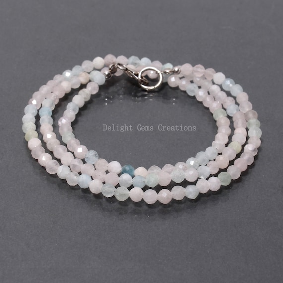 Natural Pink Morganite Aqua Beads Necklace, 3.5mm Multi Beryl Micro Faceted Round Beads Necklace, Tiny Bead Necklace, Women's Necklace