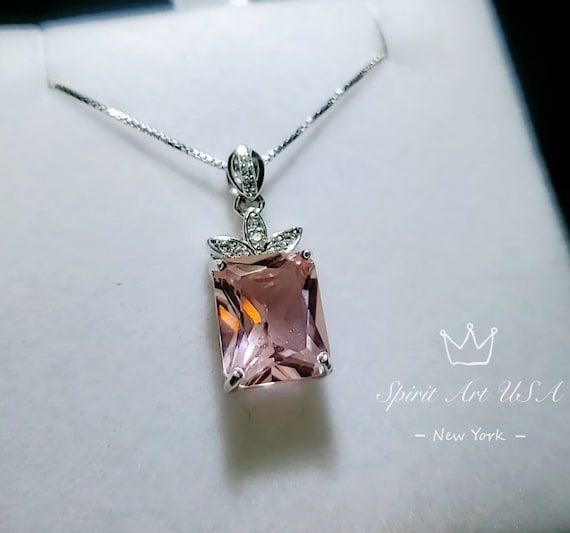 Morganite Necklace - Large Rectangular Pink Morganite Pendant - Royal Flower - Sterling Silver - 5 Ct Rose Color Lab Morganite Jewelry #665