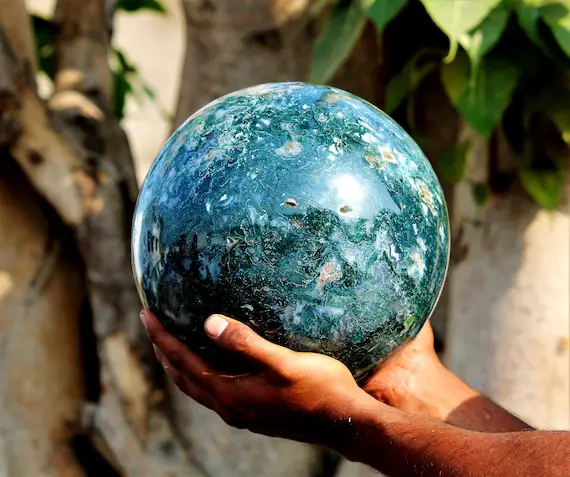 Green And Blue Moss Agate Crystal Sphere Huge 245mm Chakra Balancing Energy Healing Decor Unique Spiritual Gift