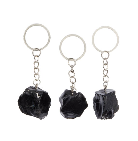 Raw Black Obsidian Stone Keychain - Raw Black Obsidian Crystal Keychain - Rough Black Obsidian - Obsidian Key Chain - Crystal Key Ring