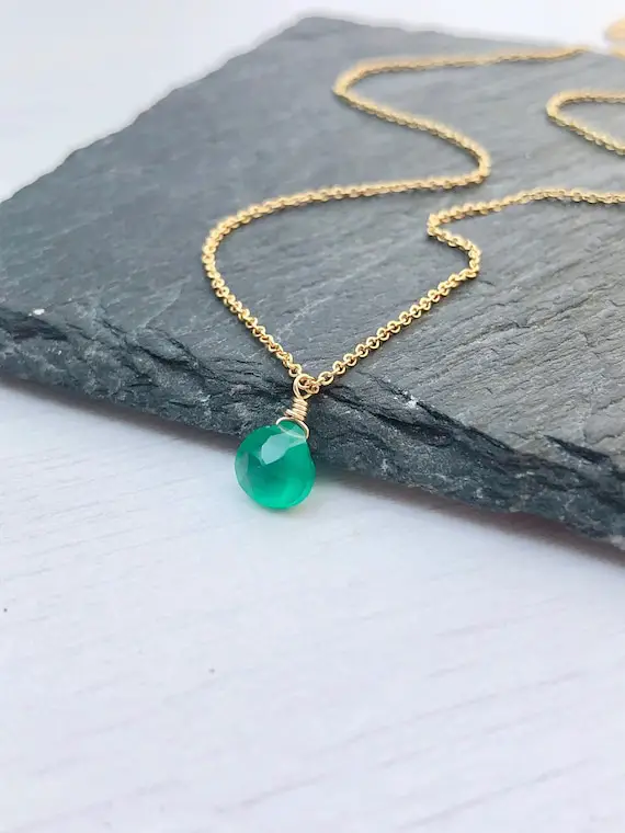 Green Onyx Necklace, May Birthstone, Emerald Green Teardrop Pendant, Minimalist Necklace, Gold Layering Necklace, Emerald Jewelry May Gift