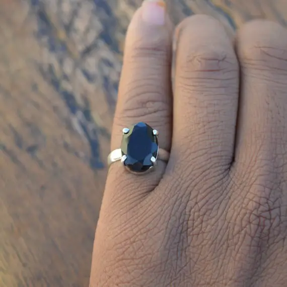 Black Onyx Gemstone Ring, 925 Sterling Silver Ring, Prong Set Ring, December Birthstone Gift Ring, Black Ring ,oval Faceted Gemstone Ring
