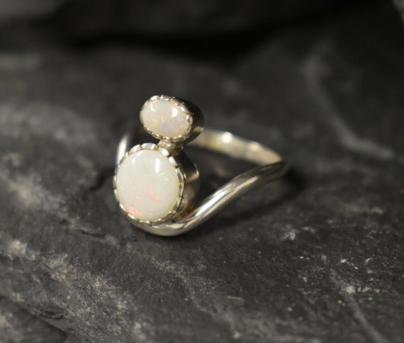 Fire Opal Ring, Natural Opal Ring, Two Stone Ring, Bohemian Ring, October Birthstone Ring, Unique Silver Ring, Silver Ring, Rare By Adina