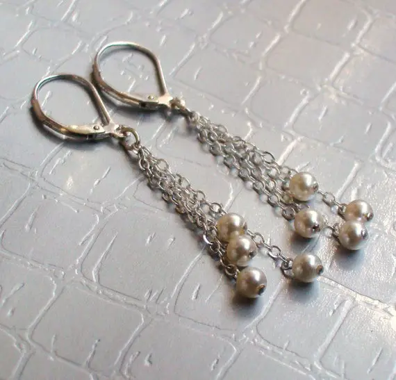White Pearl Tassel Earrings. Sterling Silver, Gold Fill, Rose Gold, Tarnished Silver