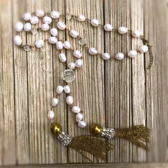 Pearl Necklace - Long - Brass Jewelry - Gemstone Jewellery - Crystal - Tassel - Luxe