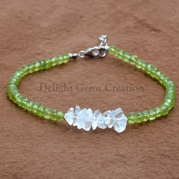 Peridot With Crystal Chips Bracelet, Peridot Rondelle Bracelet, Gemstone Bracelet, Women's Bracelet, Green White Bead Bracelet, Gift For Her
