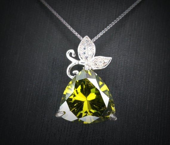 Large Trillion Cut Peridot Necklace - Sterling Silver Butterfly Pendant - Triangle 8 Ct Green Peridot #634