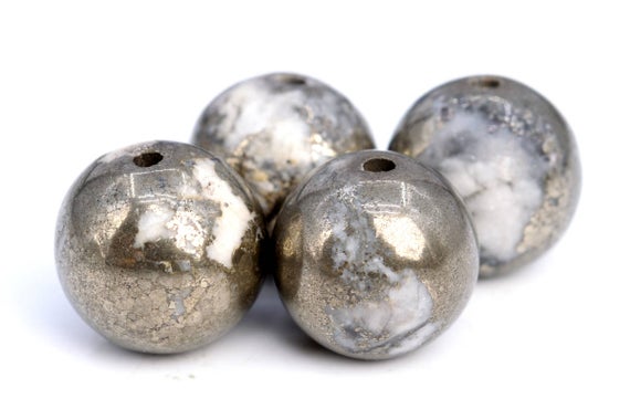 Genuine Natural Pyrite Gemstone Beads 7-8mm Gold & White Round Aaa Quality Loose Beads (102956)