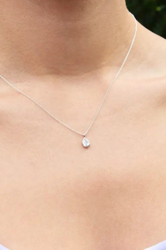 Tiny Drop Minimalist Necklace, Dainty Crystal Quartz Teardrop Pendant, Layering Everyday Jewelry, April's Birthstone, Gift For Her, Silver