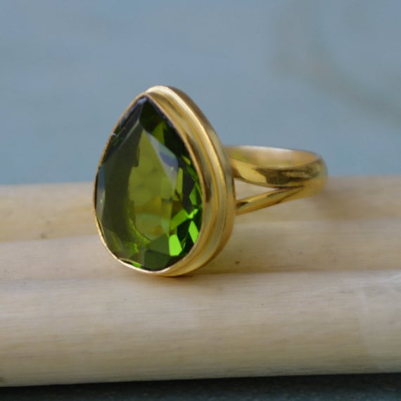 Pear Cut Peridot Quartz 925 Sterling Silver 14k Yellow Gold Fill, 14k Rose Gold Filled Ring, Rich Green Peridot Statement Ring Jewelry