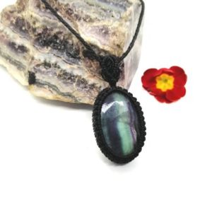 Rainbow Fluorite Pendant Necklace: Micro Macrame Chakra Jewelry