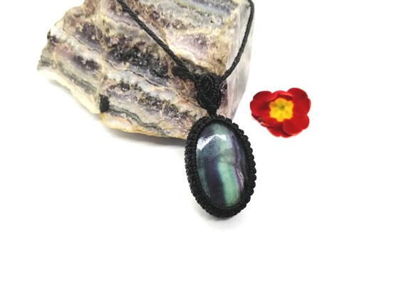 Rainbow Fluorite Pendant Necklace: Micro Macrame Chakra Jewelry