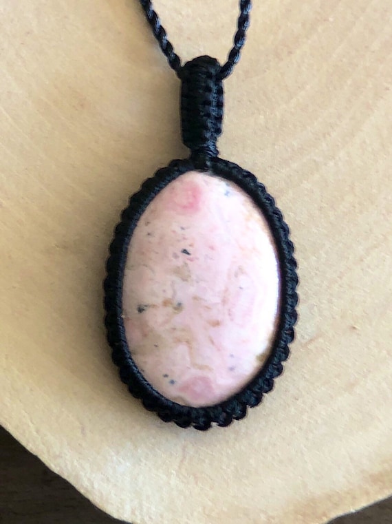 Pink Rhodochrosite Necklace For Women, Rhodochrosite Pendant Necklace, Pink Stone Necklace, Macrame Gemstone Pendant, Macrame Stone Necklace